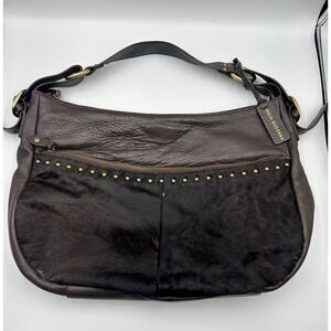 Aqua Madonna Brown Pebbled Leather Calf Hair Studded Hobo Shoulder Bag Brass
